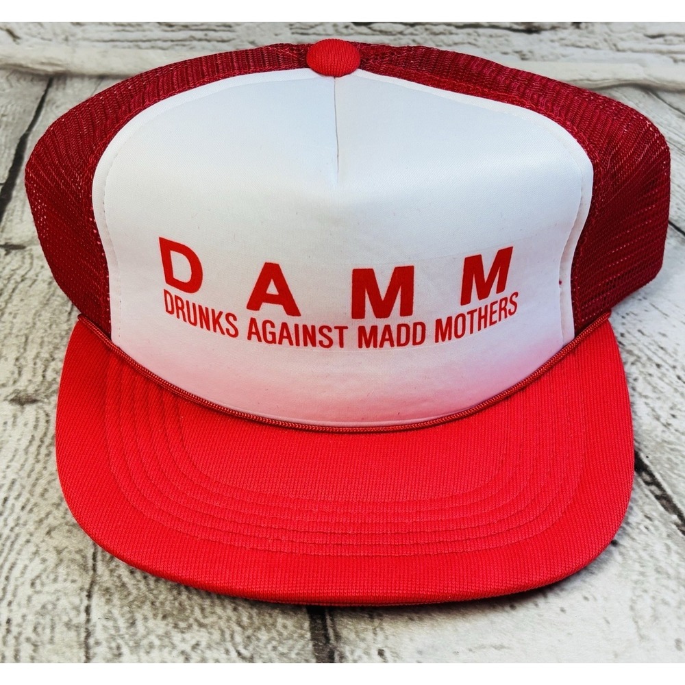 DAMM Drunks Against MADD Mothers Trucker Hat Red White Mesh Snapback Rare Vtg